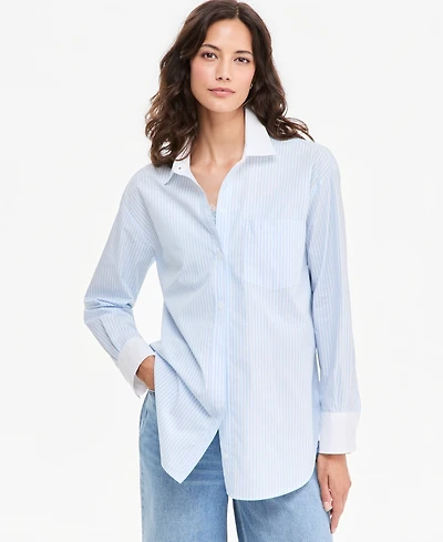 On 34th Women's Oversized Contrast-Collar Striped Poplin Shirt, Macy's Exclusive