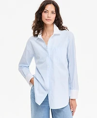 On 34th Women's Oversized Contrast-Collar Striped Poplin Shirt, Macy's Exclusive