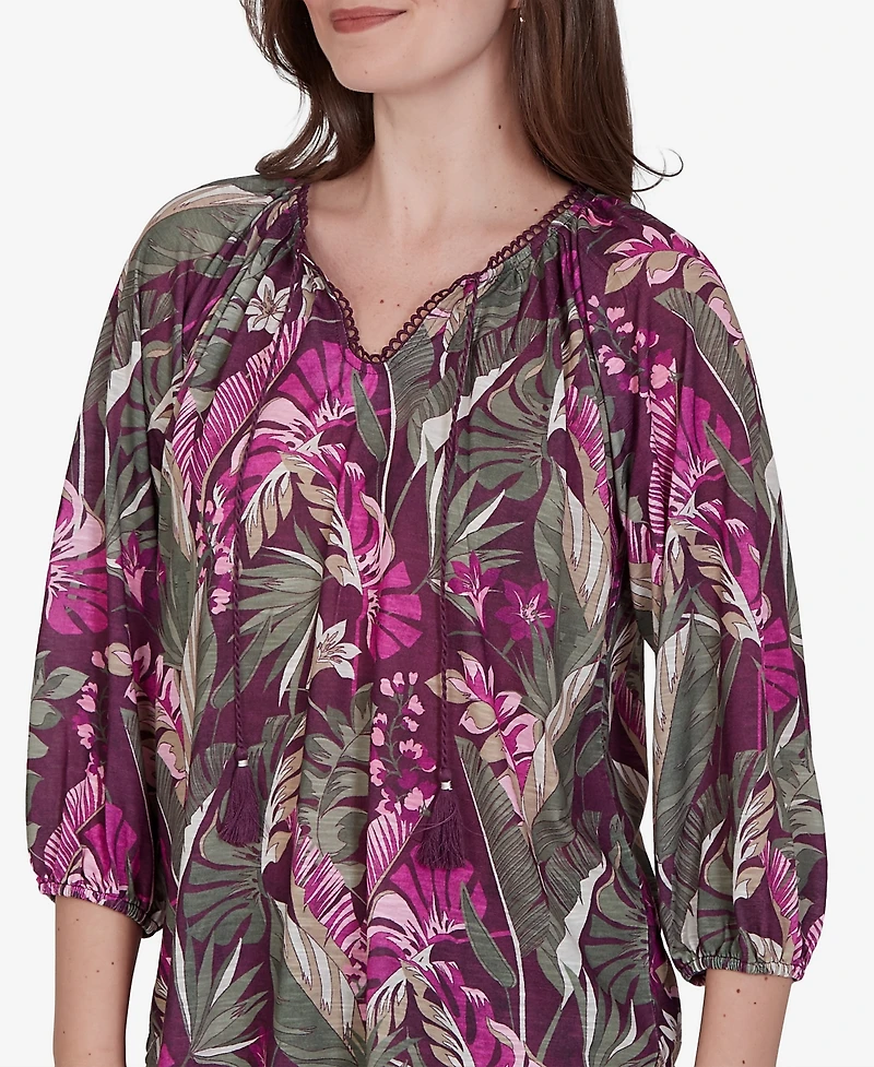 Ruby Rd. Petite Tropical Print Knit Tassel Top