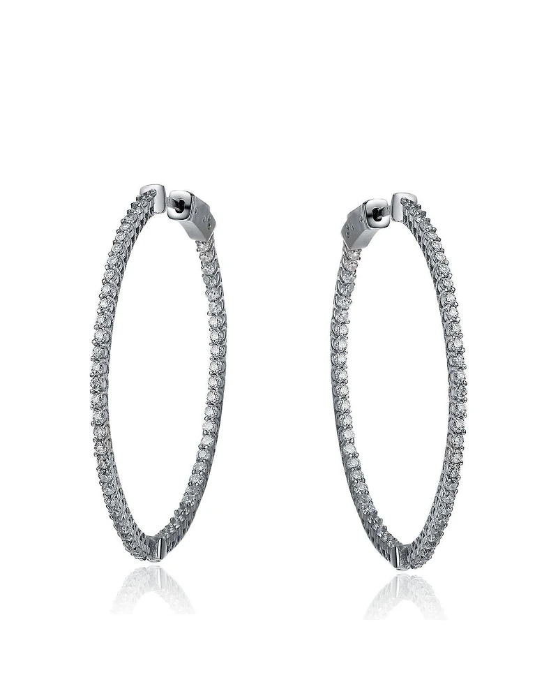 Genevive Radiant White Gold Plated Cz Black Plated Slim Hoop Earrings