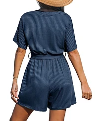 Cupshe Women's Ribbed V-Neck Tie Waist Short Sleeve Romper