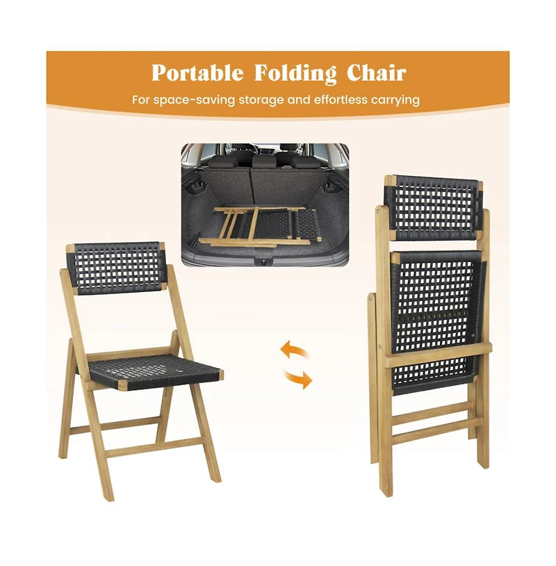 Boyel Living Set of 2 Folding Chairs Indonesia Teak Wood Dining Chairs with Woven Rope Seat and Back