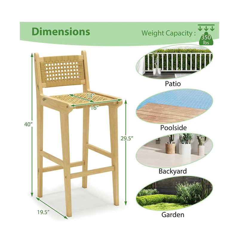 Boyel Living 1 piece Patio Teak Wood Bar Stool with Rattan Backrest and Seat