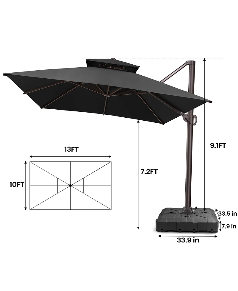 Pellebant Outdoor Patio 10X13Feet Aluminum Double Top Cantilever Umbrella with Wheel Base