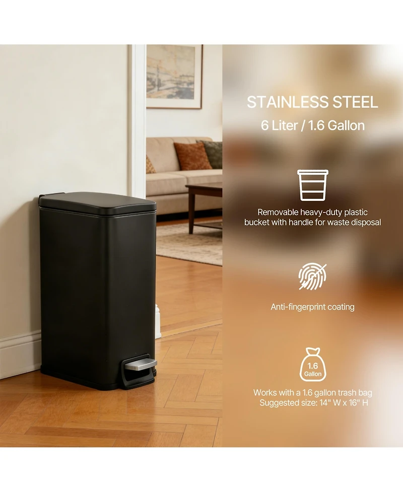Mega Casa 1.6 Gallon Stainless Steel Slim Bathroom Trash Can with Lid, Small Garbage Can, Black