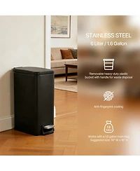 Mega Casa 1.6 Gallon Stainless Steel Slim Bathroom Trash Can with Lid, Small Garbage Can, Black