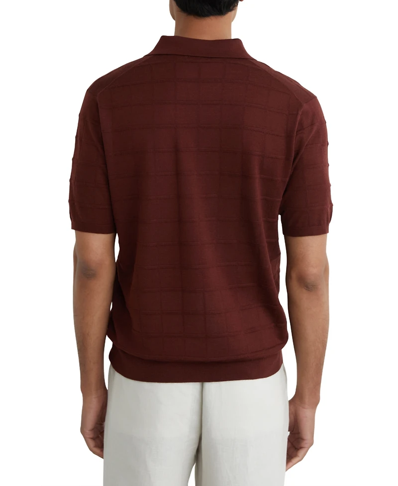 Reiss Men's Serval Open Collar Check Textured Polo Shirt