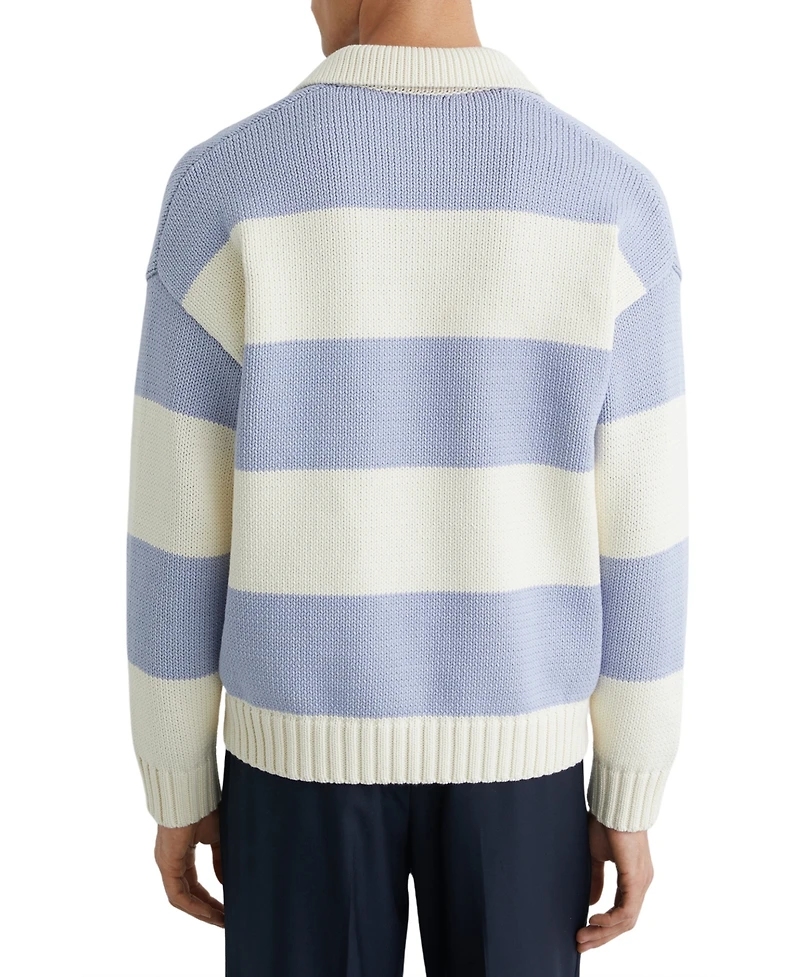 Reiss Men's Winger Open Collar Block Stripe Rugby Jumper