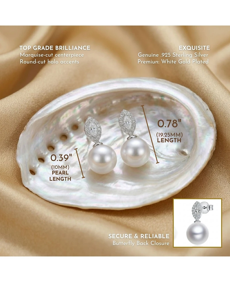 Elegant Sterling Silver & Rhodium-Plated Freshwater Pearl Earrings with Marquise Cubic Zirconia