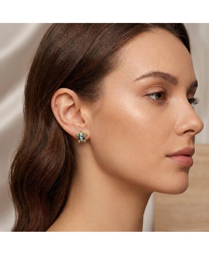 Genevive Sterling Silver 14k Gold Plated with Shimmering Abalone Shell Inlay Sea Turtle Stud Earrings