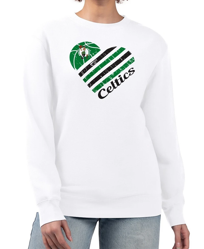 G-iii 4Her By Carl Banks Women's White Boston Celtics Heart Graphic Fleece Pullover Sweatshirt