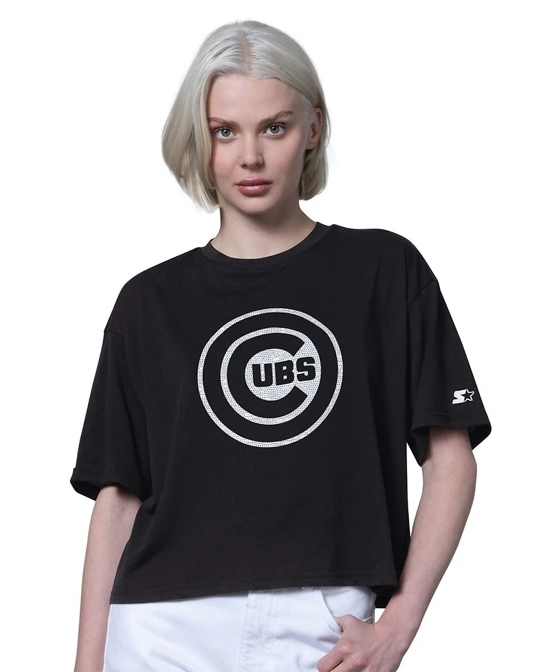 Starter Women's Black Chicago Cubs Holy Grail Boxy Cropped T-Shirt