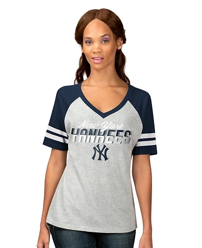 G-iii 4Her By Carl Banks Women's Heather Gray New York Yankees Goal Line Raglan V-Neck T-Shirt