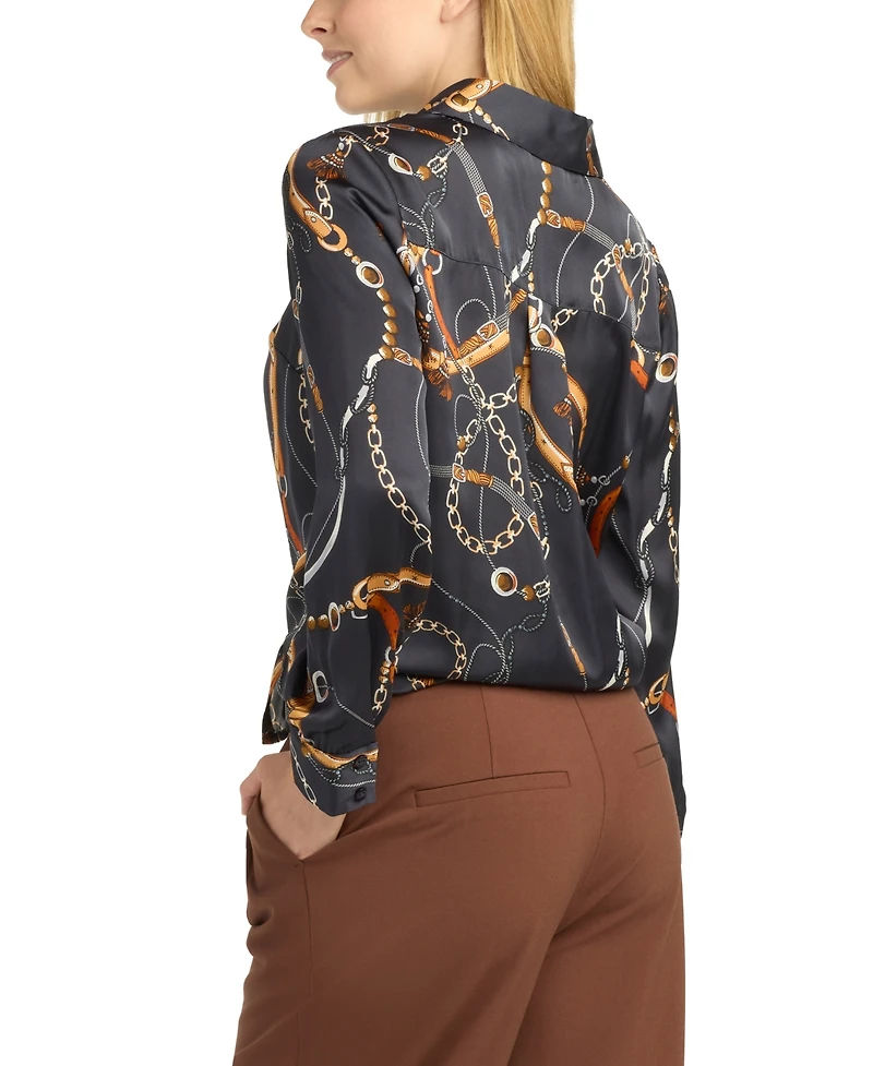 Bcx Women's Collared Printed Satin Top