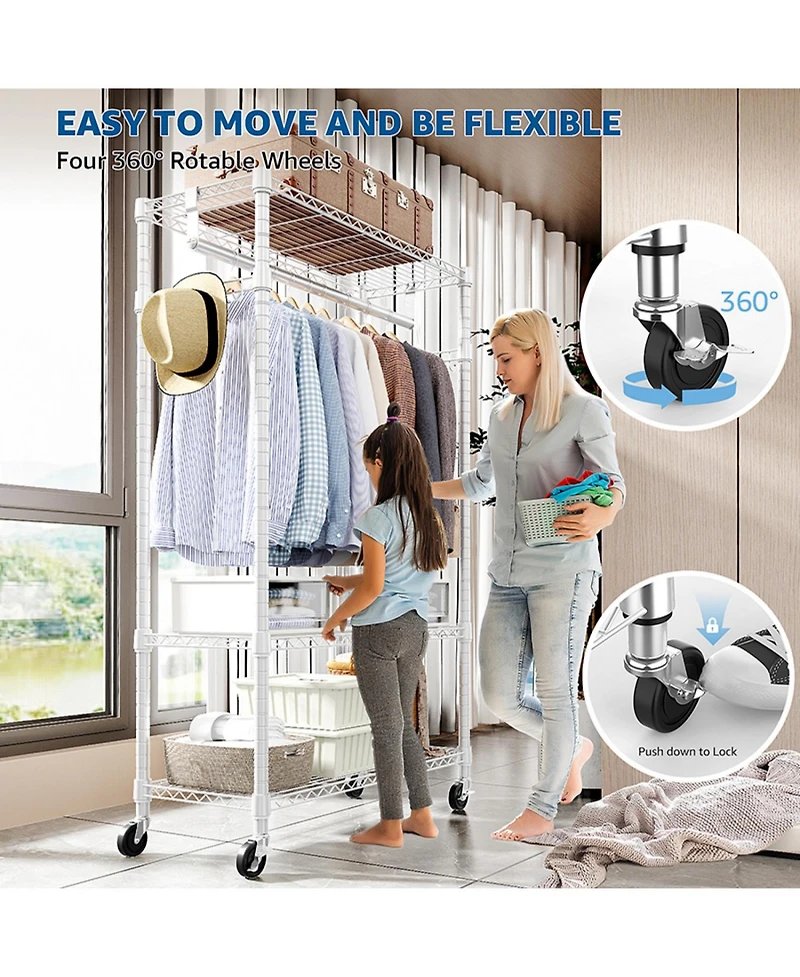 Rainsken Rolling Garment Rack 3 Tiers, , with Rods and Side Hooks, Adjustable Wire Shelving Clothes Rack, Heavy Duty Metal Clothing Racks
