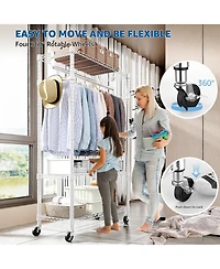 Rainsken Rolling Garment Rack 3 Tiers, , with Rods and Side Hooks, Adjustable Wire Shelving Clothes Rack, Heavy Duty Metal Clothing Racks
