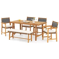Costway 6piece Patio Dining Set, Acacia Wood Table and Bench and 4 Armchairs with Umbrella Hole