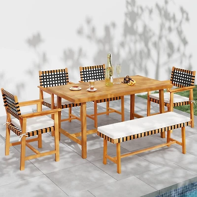 Costway 6piece Patio Dining Set, Acacia Wood Table and Bench and 4 Armchairs with Umbrella Hole