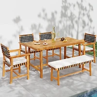 Costway 6piece Patio Dining Set, Acacia Wood Table and Bench and 4 Armchairs with Umbrella Hole