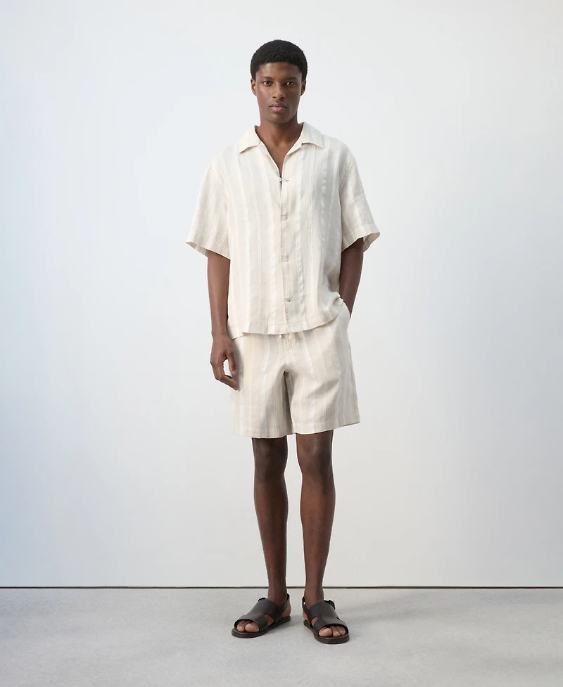 Mango Men's Bowling Collar Striped Linen Shirt