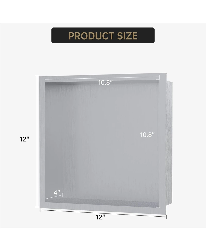 homfan 12 x 12 in Stainless Steel 304 Bathroom Niche, Recessed Shower Shelf Single Grid Built-in Wall Storage for Shower Bathroom Kitchen, Brushed