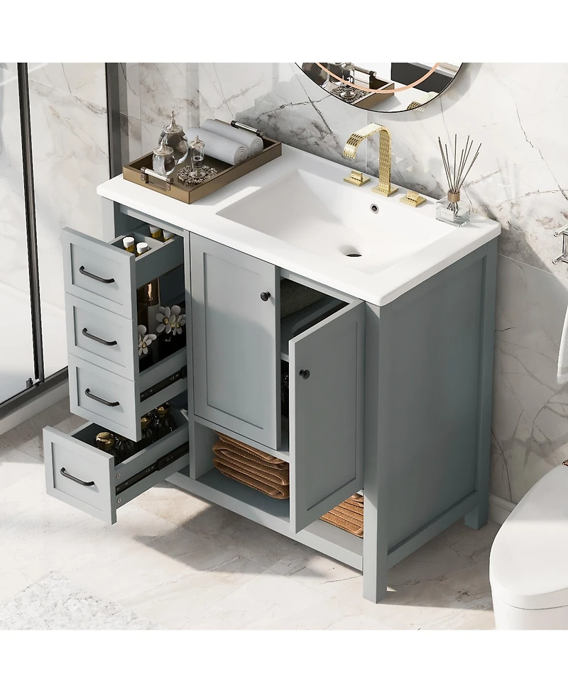 Busdays 36 Inch Bathroom Vanity with Sink Top Two Doors Two Drawers Solid Wood Open Shelf Mdf Boards Two Package