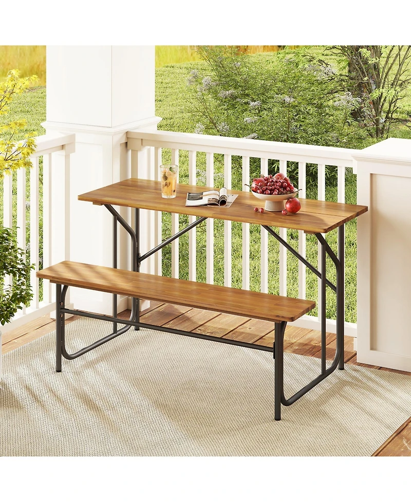 Sugift 52 in Acacia Wood One-Side Picnic Table with Metal Frame