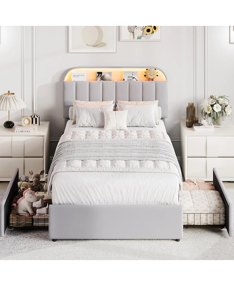 gaomon Bed Frame with Storage Headboard, Kids Bed Frame with 2 Drawers, Velvet Upholstered Platform Bed Frame with Lights