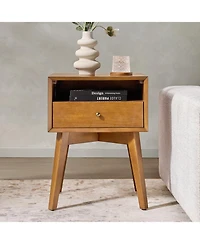 Hulala Home Isolda 18"W Mid-Century Modern Solid Wood End Table with Built-In Outlets