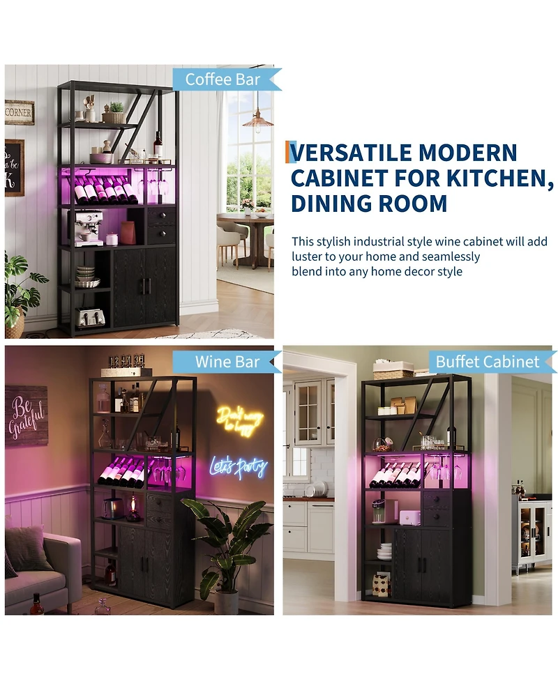 homfan Led Rgb Bar Cabinet with Built-in Outlets and Usb Ports, Wine Glass Storage, Adjustable Shelving - Industrial Retro Coffee Organizer
