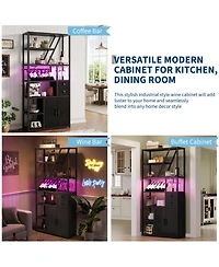 homfan Led Rgb Bar Cabinet with Built-in Outlets and Usb Ports, Wine Glass Storage, Adjustable Shelving - Industrial Retro Coffee Organizer