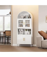 Boyel Living Farmhouse Arched Coffee Bar Cabinet, Metal Pantry Hutch with Glass Doors and Adjustable Shelves