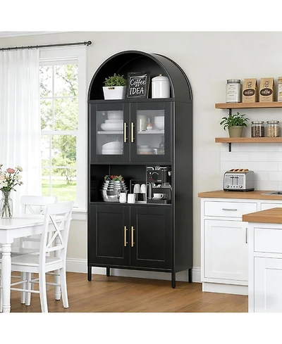 Boyel Living Farmhouse Arched Coffee Bar Cabinet, Metal Pantry Hutch with Glass Doors and Adjustable Shelves