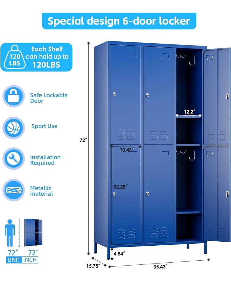 Boyel Living 6-Door Metal Locker with Business Card Holders and Hooks, Vented Employee Storage Cabinet for Gym Office