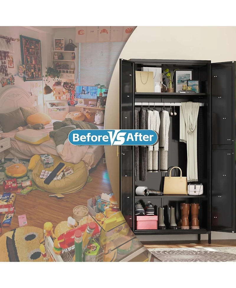 Boyel Living 71 Inch Farmhouse Metal Wardrobe Closet, Tall Armoire Cabinet with Doors and Hanging Rod for Bedroom