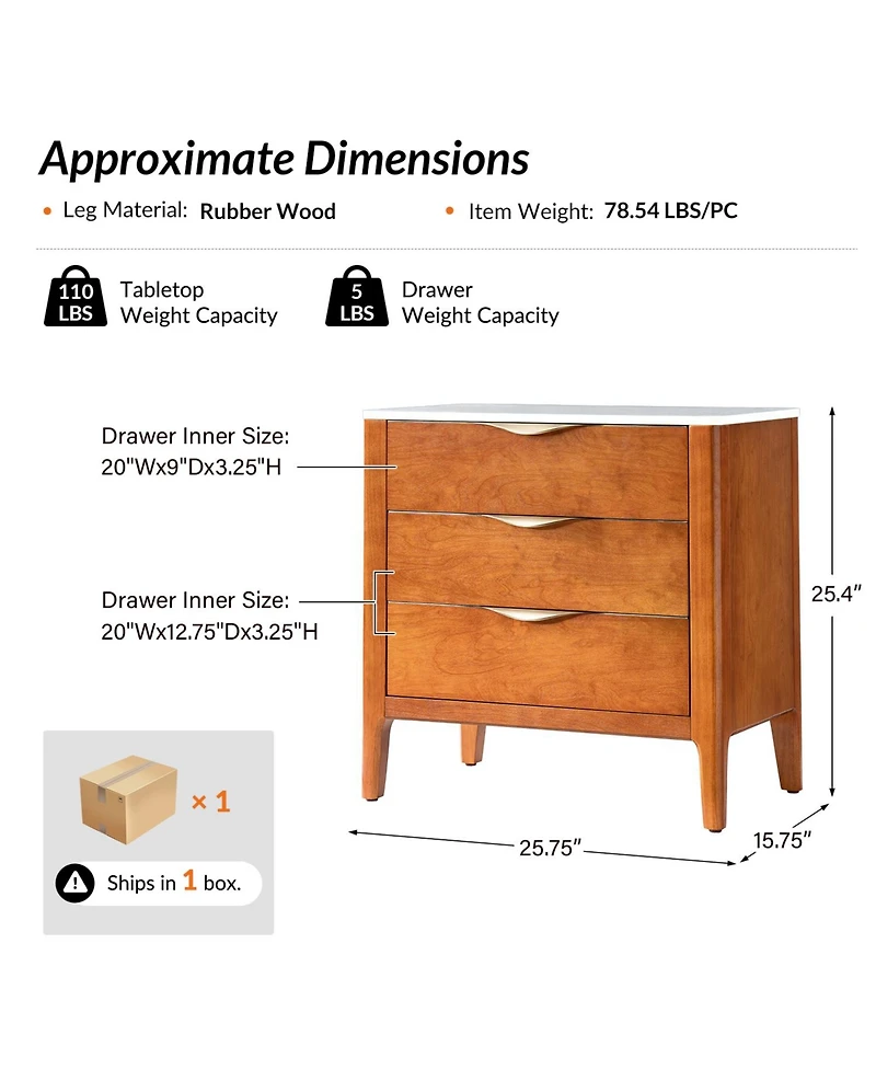 Hulala Home Giuseppina Modern 25.75'' W 3-Drawer Elegant Marble Top End Table with Built-In Power Outlet