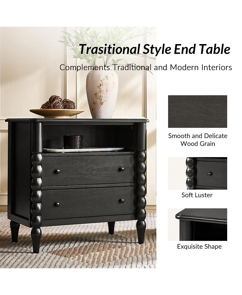 Hulala Home Isidora Transitional 28"W 2-Drawer Spindle-Style Solid Wood Columns End Table with Usb Ports
