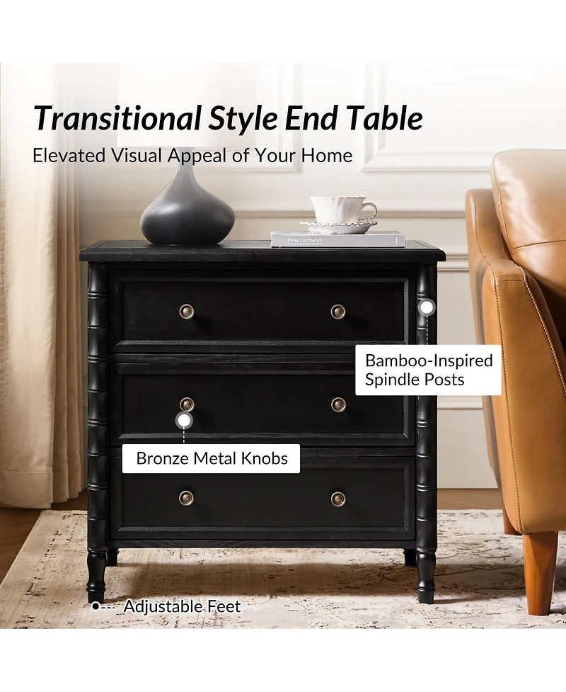 Hulala Home Nicola 3-Drawer Transitional 28''W Curved End Table with Charging Station