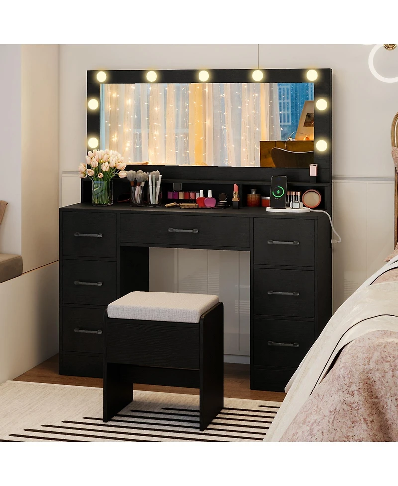 Slickblue Vanity Desk with Led Mirror, Lights, and Built-In Power Outlets for Makeup Use