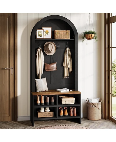 Tribesigns 70.87 Inch Hall Tree with Bench and Shoe Storage, Arched Coat Rack 4 Hooks Cubbies, Entryway