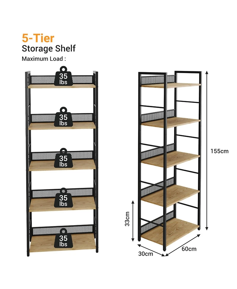 gaomon 5 Tier Bookshelf with Metal Frame and Wood Shelves, Tall Industrial Bookcase Storage Rack for Bedroom Living Room Home Office