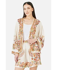 Yumi Women's Viscose Floral Border Belted Jacket