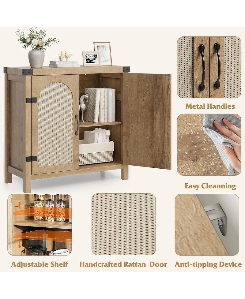homfan Farmhouse Boho Rattan Entryway Storage Cabinet, Adjustable Shelves, Spacious Buffet Sideboard, Accent Credenza for Kitchen, Dining, Living Room