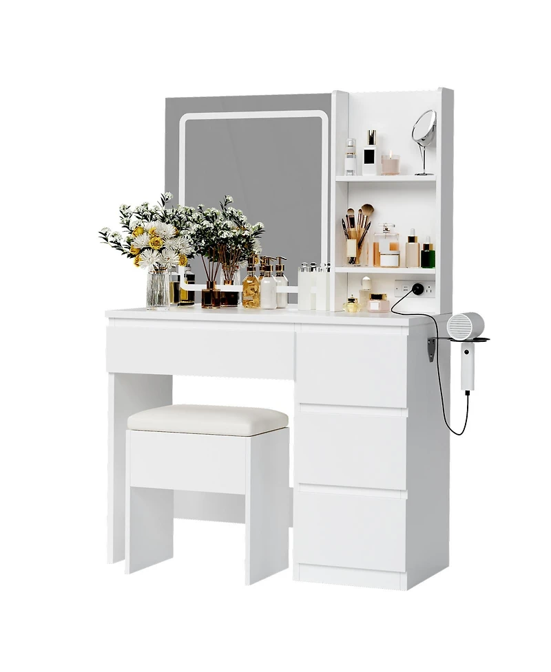 homfan Vanity Desk with Led Mirror, 4 Drawers, Power Outlet, Shelves and Storage Stool, Makeup Vanity Set for Bedroom