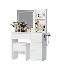 homfan Vanity Desk with Led Mirror, 4 Drawers, Power Outlet, Shelves and Storage Stool, Makeup Vanity Set for Bedroom