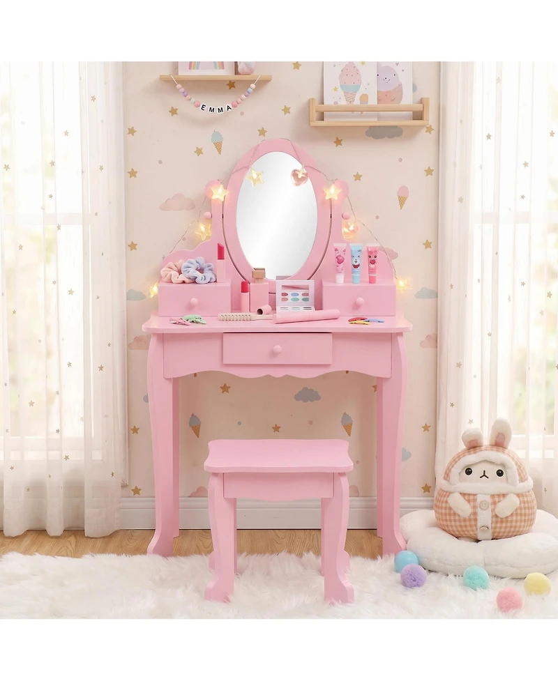 homfan Kids Vanity Set with Mirror and Stool, Wooden Princess Makeup Dressing Table with Drawer for Girls Ages 4-9, Perfect Pretend Play Vanity