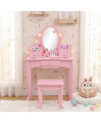 homfan Kids Vanity Set with Mirror and Stool, Wooden Princess Makeup Dressing Table with Drawer for Girls Ages 4-9, Perfect Pretend Play Vanity