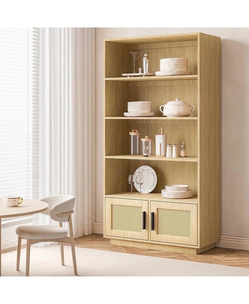 homfan Boho Style 5-Tier Wooden Shelving Unit with Rattan Doors - Tall Display and Storage Bookcase for Indoor Living and Working Spaces