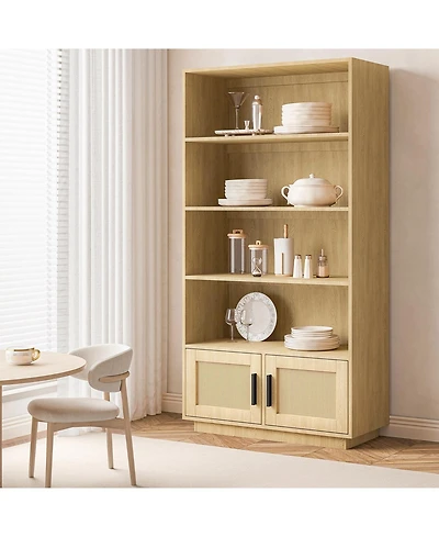 homfan Boho Style 5-Tier Wooden Shelving Unit with Rattan Doors - Tall Display and Storage Bookcase for Indoor Living and Working Spaces