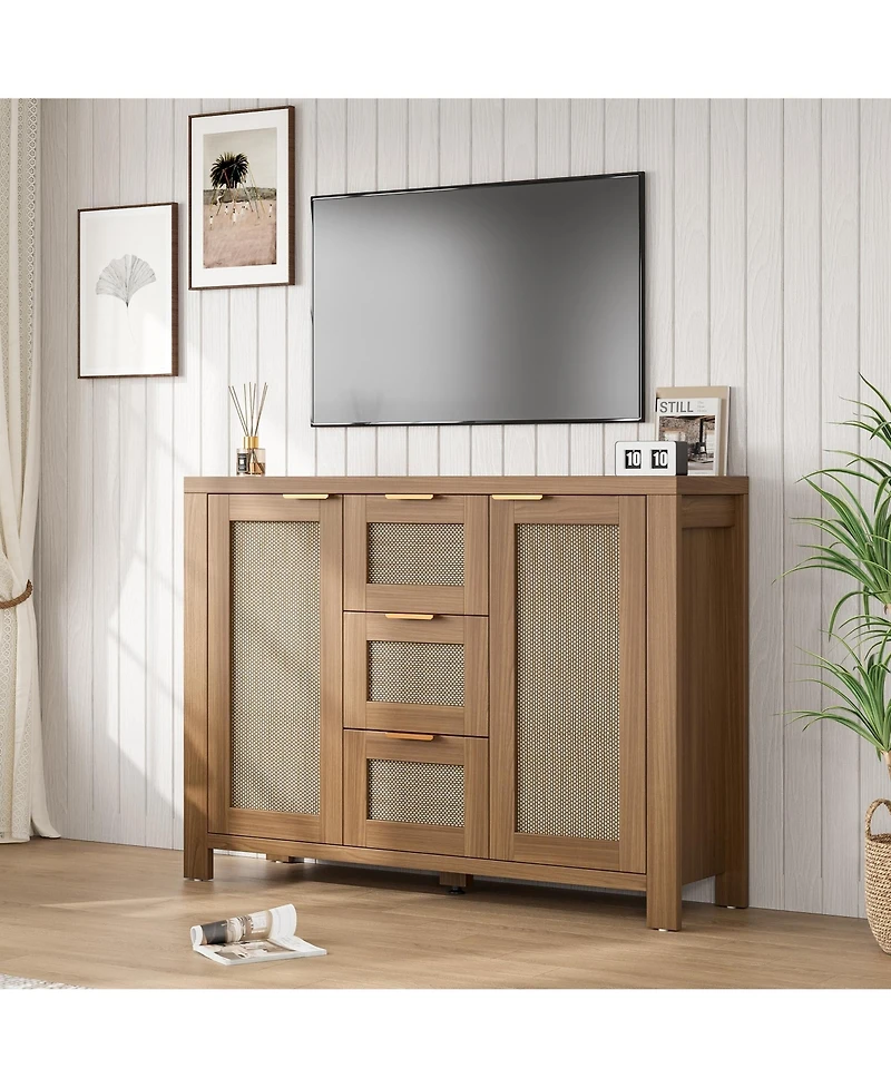 homfan Spacious Rattan Buffet Sideboard Cabinet, 3 Drawers, Boho Accent Storage Credenza, Adjustable Shelves, Large Console for Kitchen, Dining Room